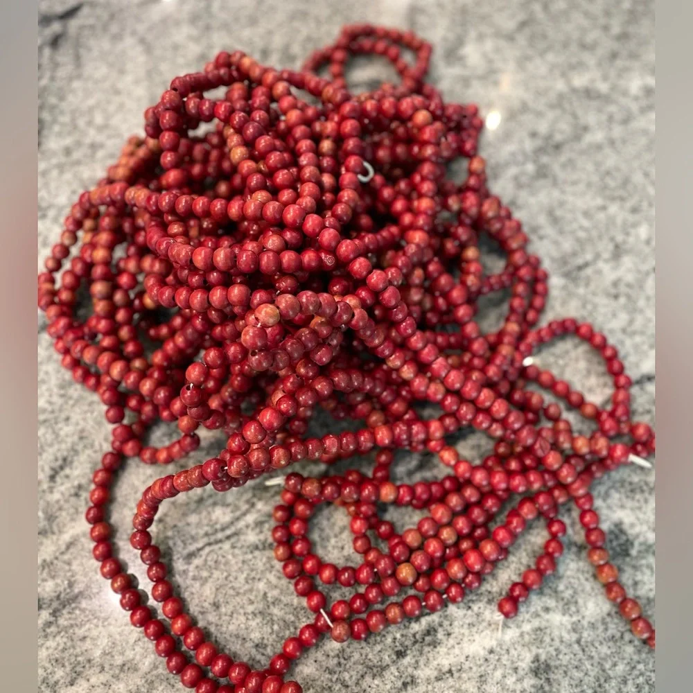 Eight (8) Red Beaded Garland | 0.5” red wooden beads | Each Garland 108” Length